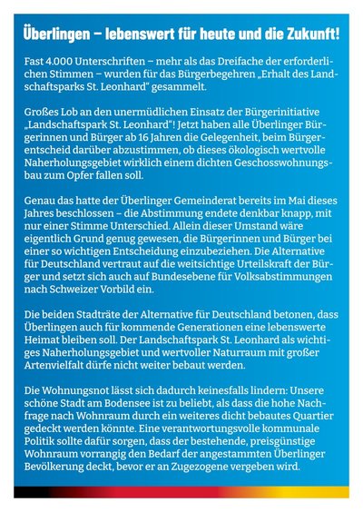 Event-Flyer Infostand in Überlingen zum Thema „Bebauung des Landschaftsparks St. Leonhard“